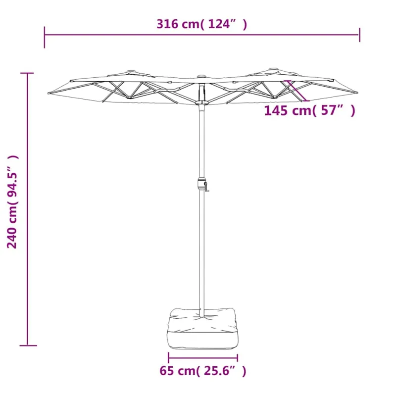 Dvigubas sodo skėtis nuo saulės su LED, juodas, 316x145cm