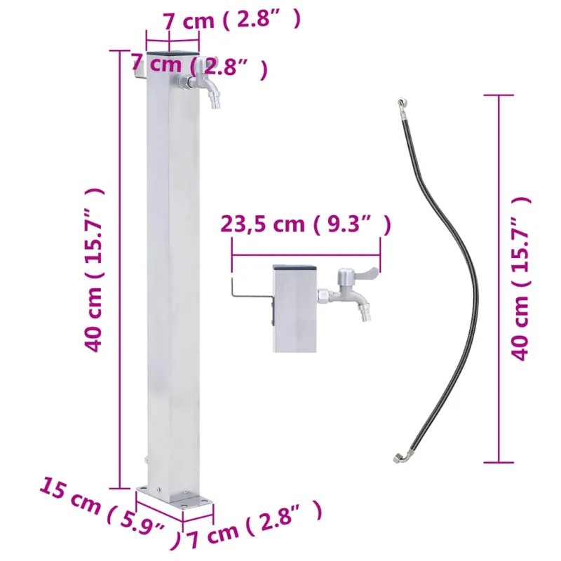 Vandens kolonėlė sodui, 40cm, nerūdijantis plienas, kvadratinė