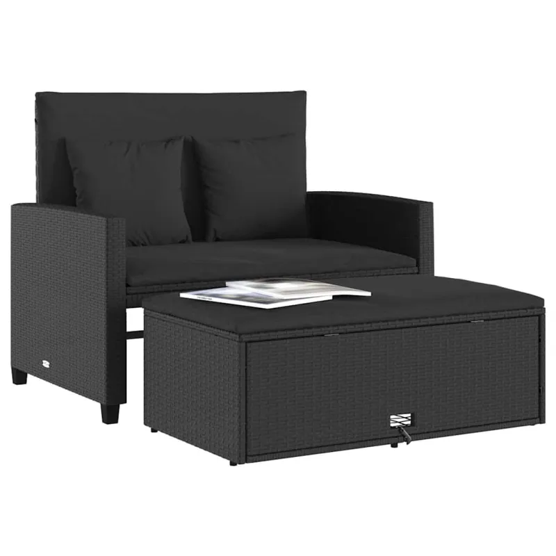 Dvivietė sodo sofa su pagalvėlėmis, juodos spalvos, poliratanas