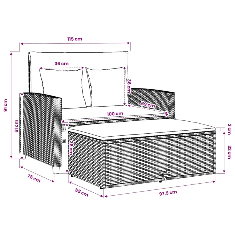 Dvivietė sodo sofa su pagalvėlėmis, juoda, poliratanas/akacija