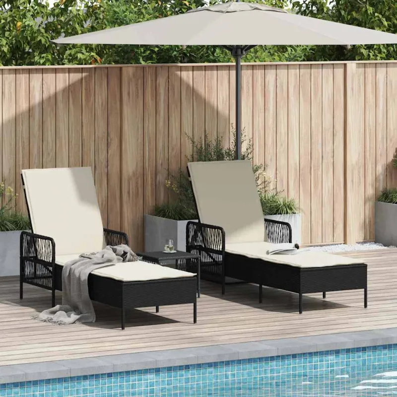 Saulės gultas 3 pcs Juoda ir kreminė balta 55 x 200 x 92 cm