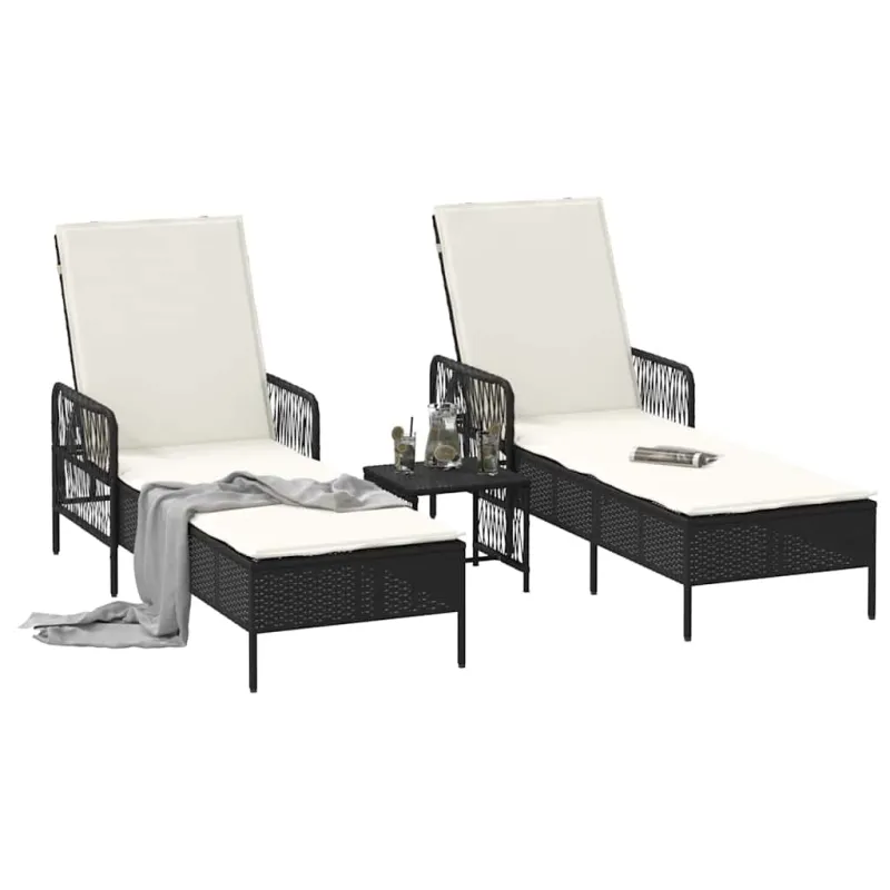 Saulės gultas 3 pcs Juoda ir kreminė balta 55 x 200 x 92 cm