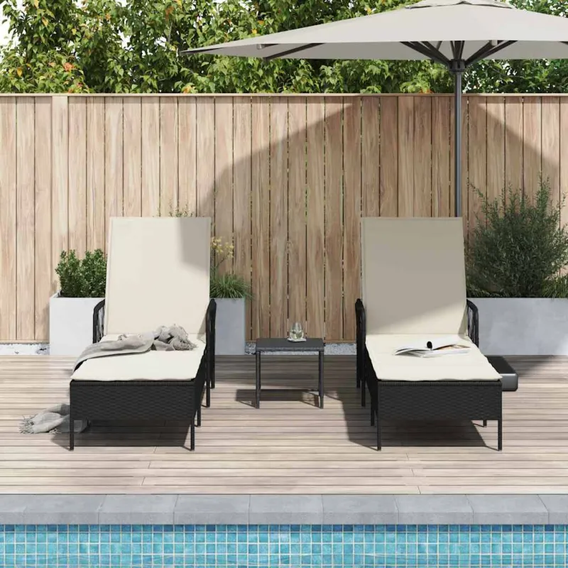Saulės gultas 3 pcs Juoda ir kreminė balta 55 x 200 x 92 cm