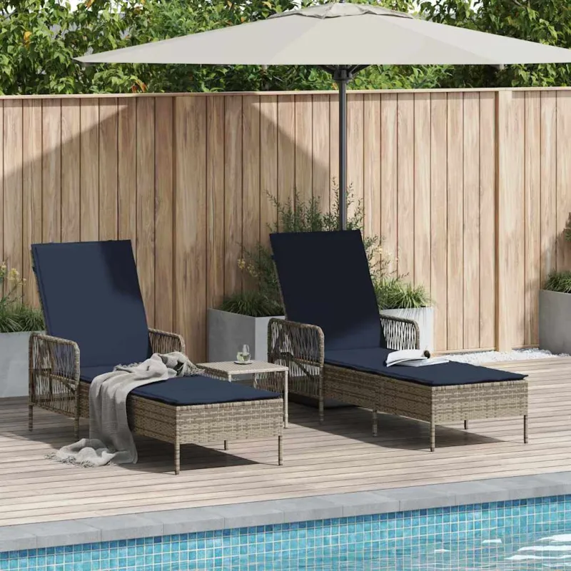 Saulės gultas 3 pcs Pilka ir tamsiai mėlyna 200 x 55 x 92 cm