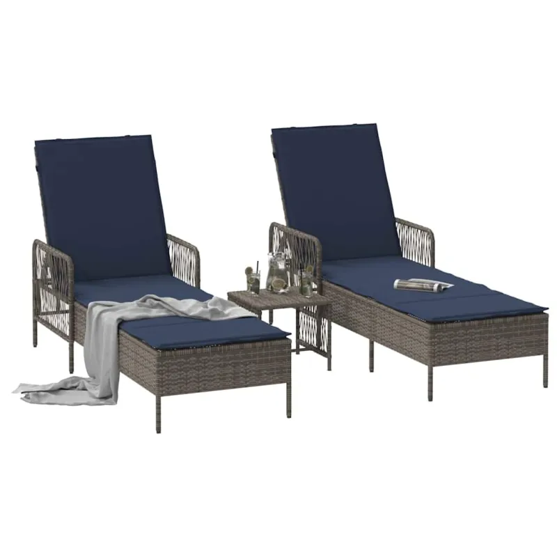 Saulės gultas 3 pcs Pilka ir tamsiai mėlyna 200 x 55 x 92 cm