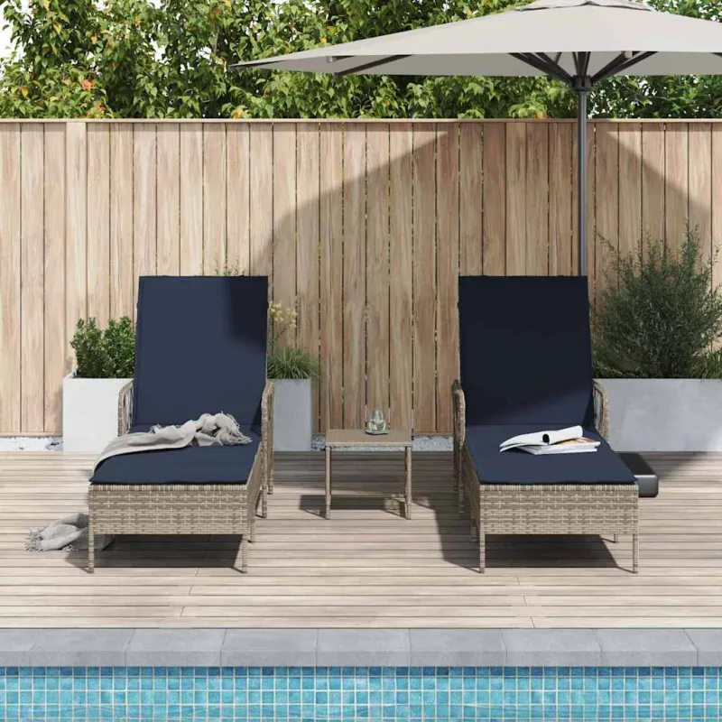 Saulės gultas 3 pcs Pilka ir tamsiai mėlyna 200 x 55 x 92 cm