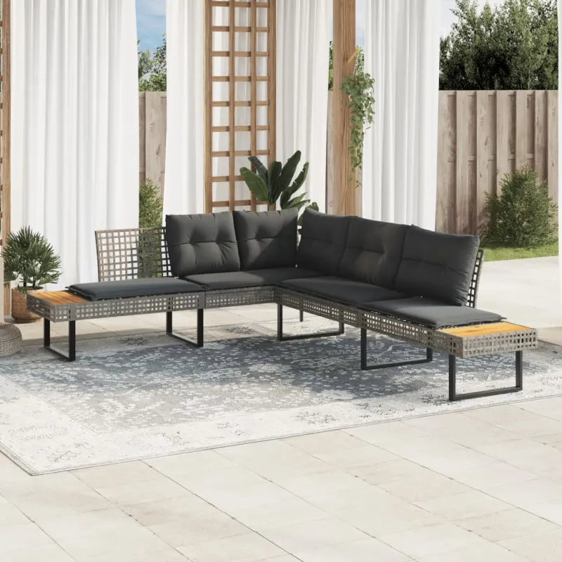 Sodo sofa su pagalvėlėmis, pilka, poliratanas/akacija, L formos