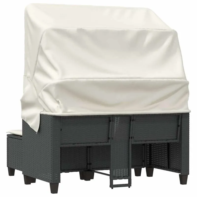 Dvivietė sodo sofa su skliautu/taburetėmis, juoda, poliratanas
