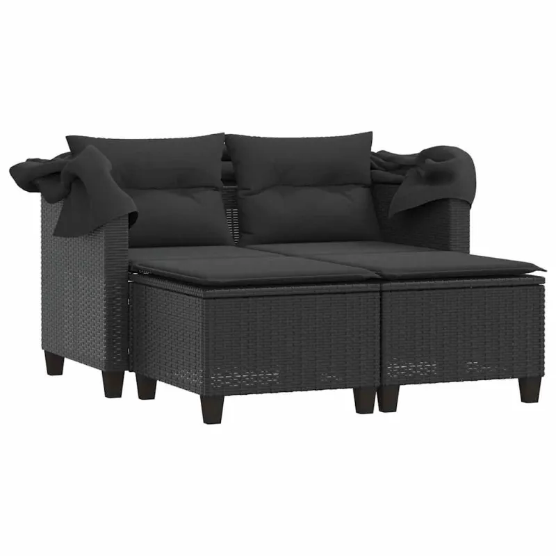 Dvivietė sodo sofa su skliautu/taburetėmis, juoda, poliratanas