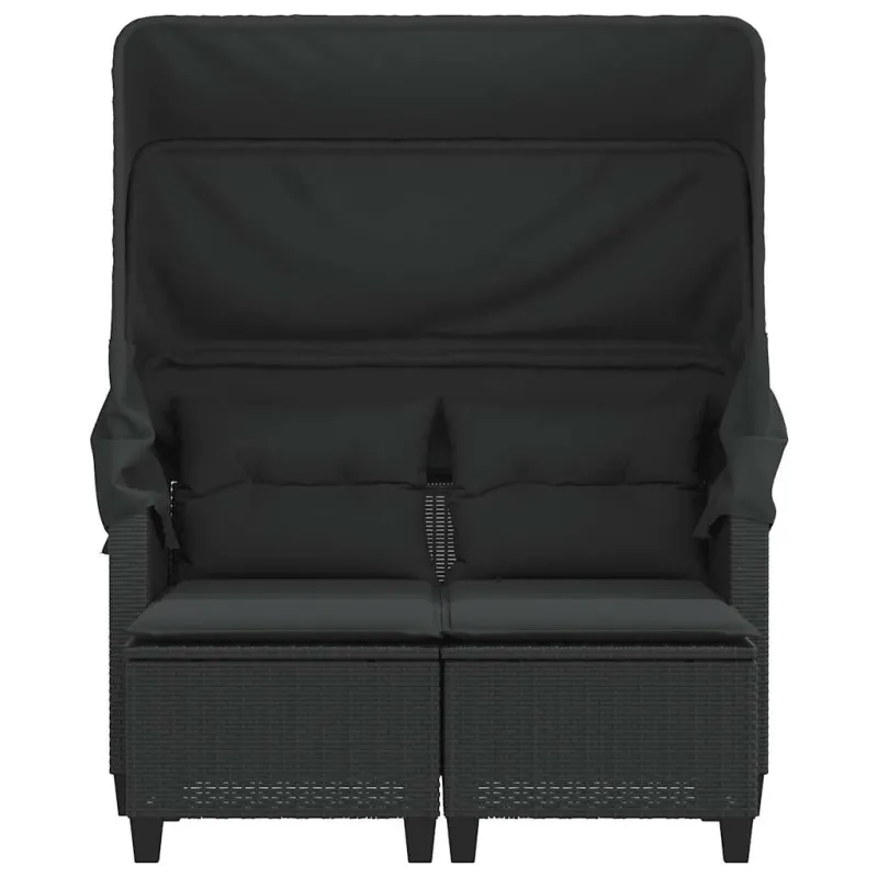 Dvivietė sodo sofa su skliautu/taburetėmis, juoda, poliratanas