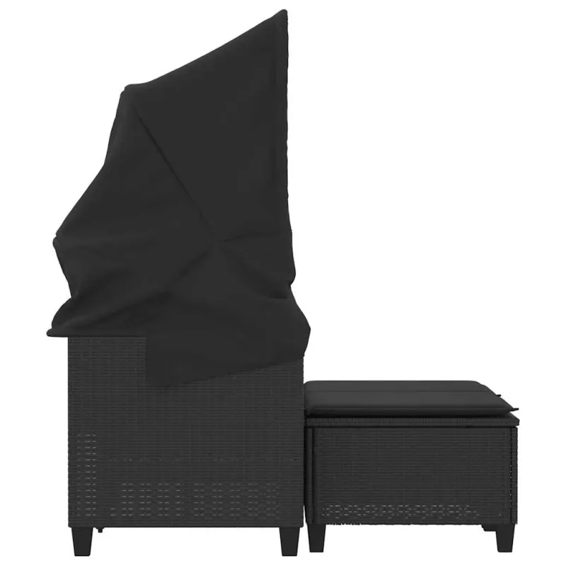 Dvivietė sodo sofa su skliautu/taburetėmis, juoda, poliratanas