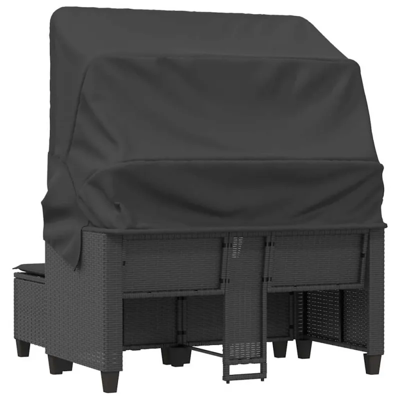 Dvivietė sodo sofa su skliautu/taburetėmis, juoda, poliratanas