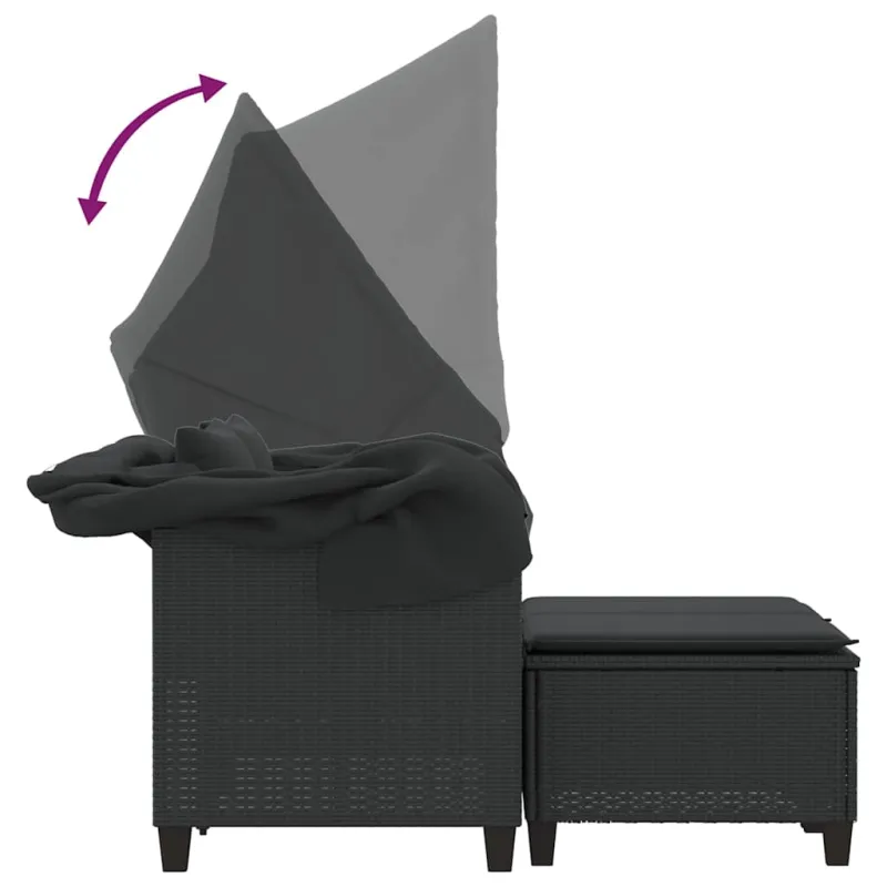 Dvivietė sodo sofa su skliautu/taburetėmis, juoda, poliratanas