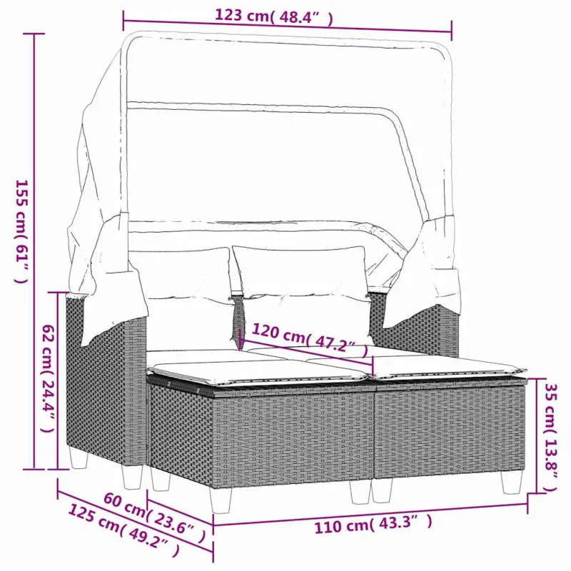 Dvivietė sodo sofa su skliautu/taburetėmis, pilka, poliratanas