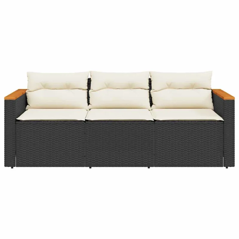 Trivietė sodo sofa su pagalvėlėmis, juodos spalvos, poliratanas