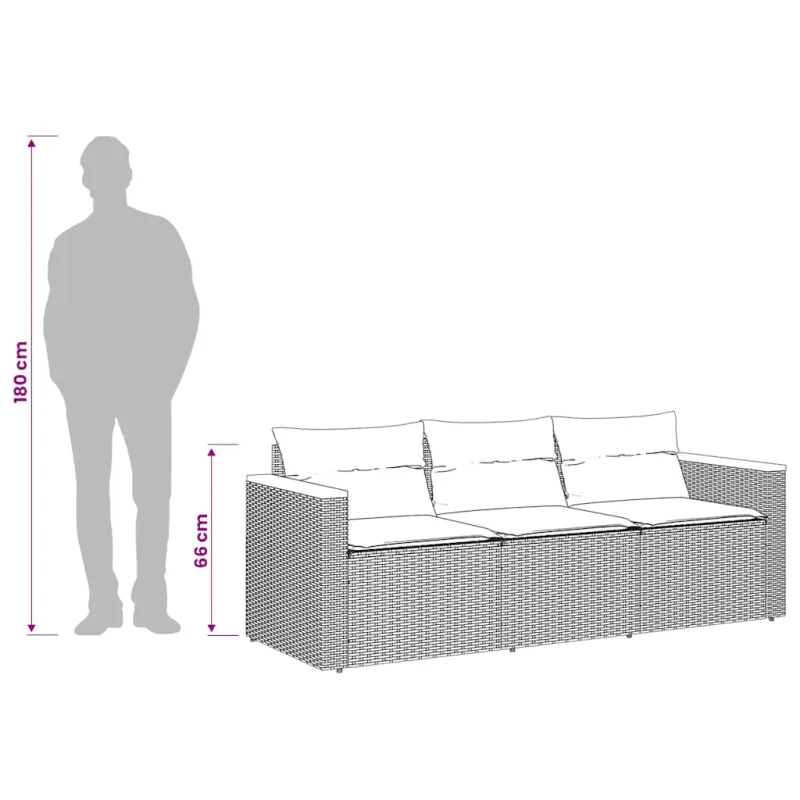 Trivietė sodo sofa su pagalvėlėmis, juodos spalvos, poliratanas