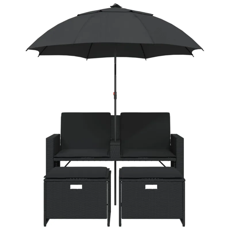 Dvivietė sodo sofa su skėčiu/taburetėmis, juoda, poliratanas