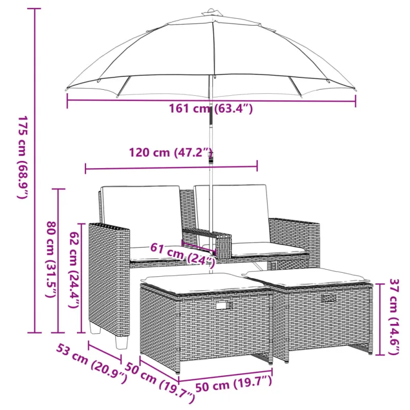 Dvivietė sodo sofa su skėčiu/taburetėmis, juoda, poliratanas