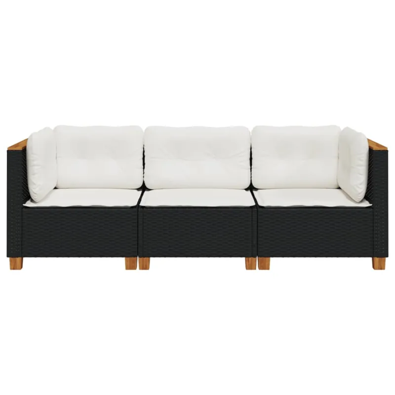 Trivietė sodo sofa su pagalvėlėmis, juodos spalvos, poliratanas