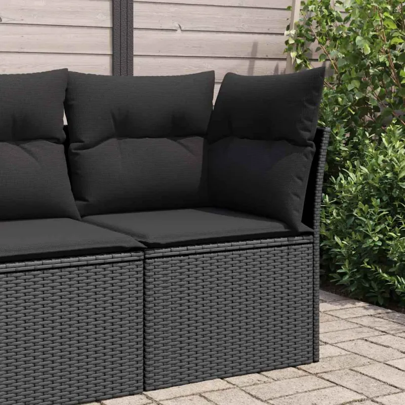 Sodo kampinė sofa su pagalvėlėmis, juodas polirotangas