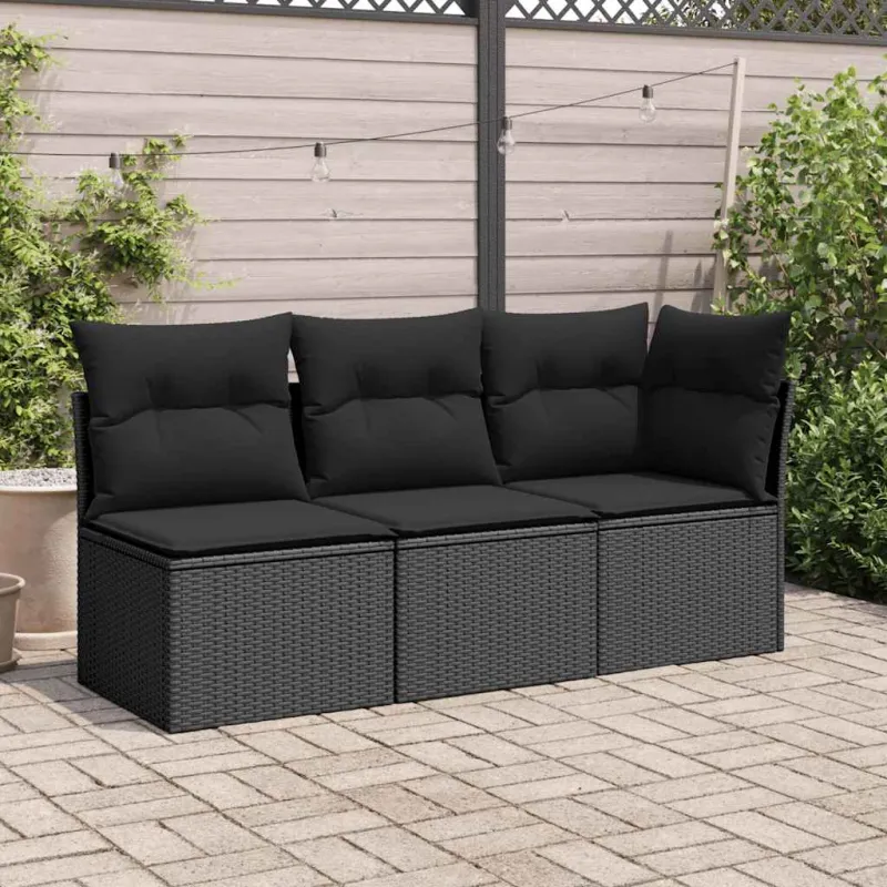 Sodo kampinė sofa su pagalvėlėmis, juodas polirotangas