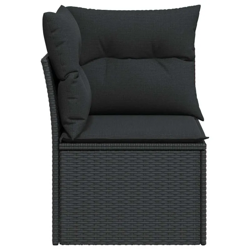 Sodo kampinė sofa su pagalvėlėmis, juodas polirotangas