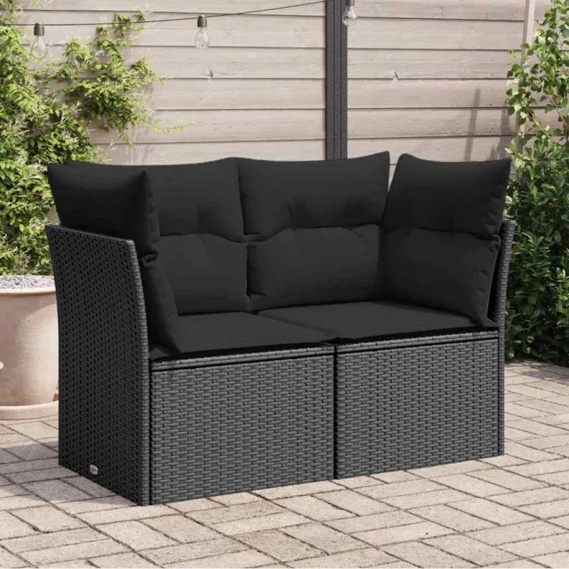 Sodo sofa su pagalvėlėmis, dvivietė, juoda, polirotangas