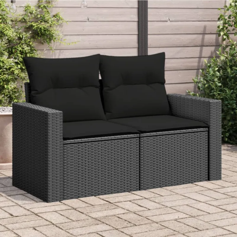 Sodo sofa su pagalvėlėmis, dvivietė, juoda, polirotangas