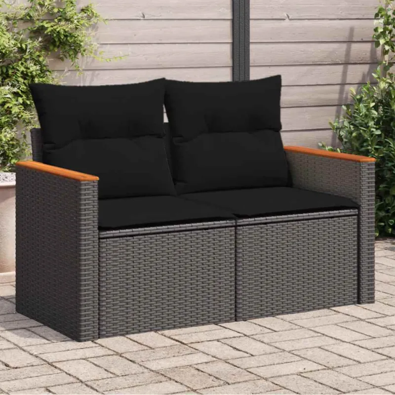 Sodo sofa su pagalvėlėmis, dvivietė, juoda, polirotangas