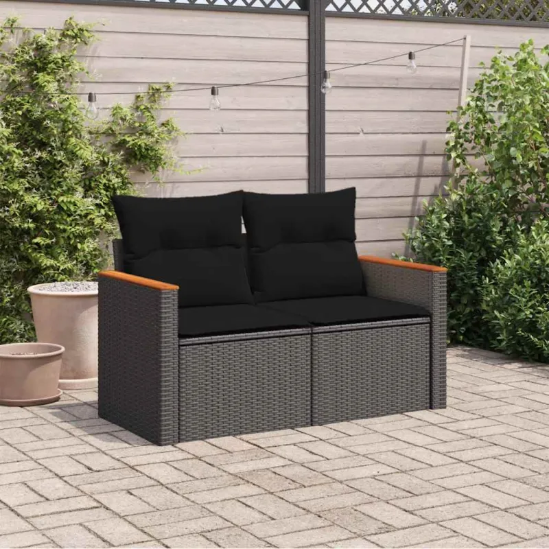 Sodo sofa su pagalvėlėmis, dvivietė, juoda, polirotangas