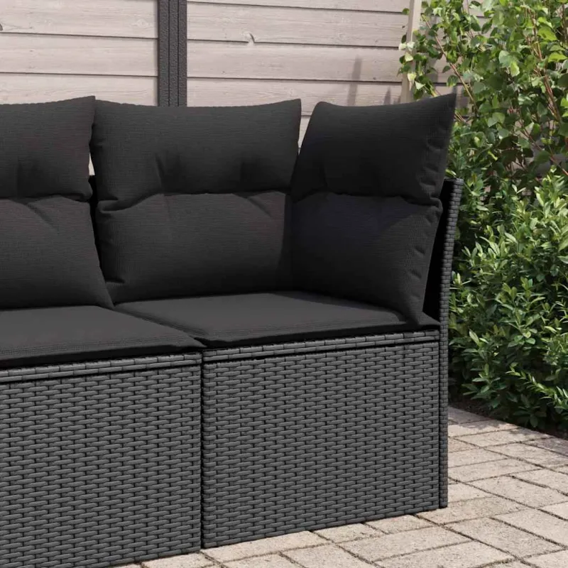 Sodo kampinė sofa su pagalvėlėmis, juodas polirotangas