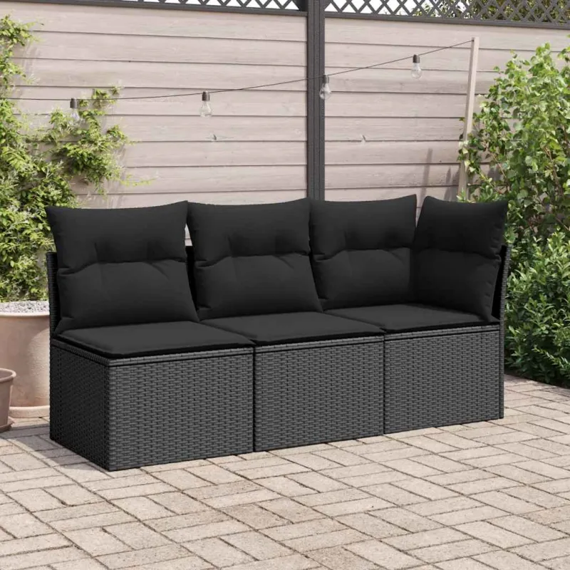 Sodo kampinė sofa su pagalvėlėmis, juodas polirotangas
