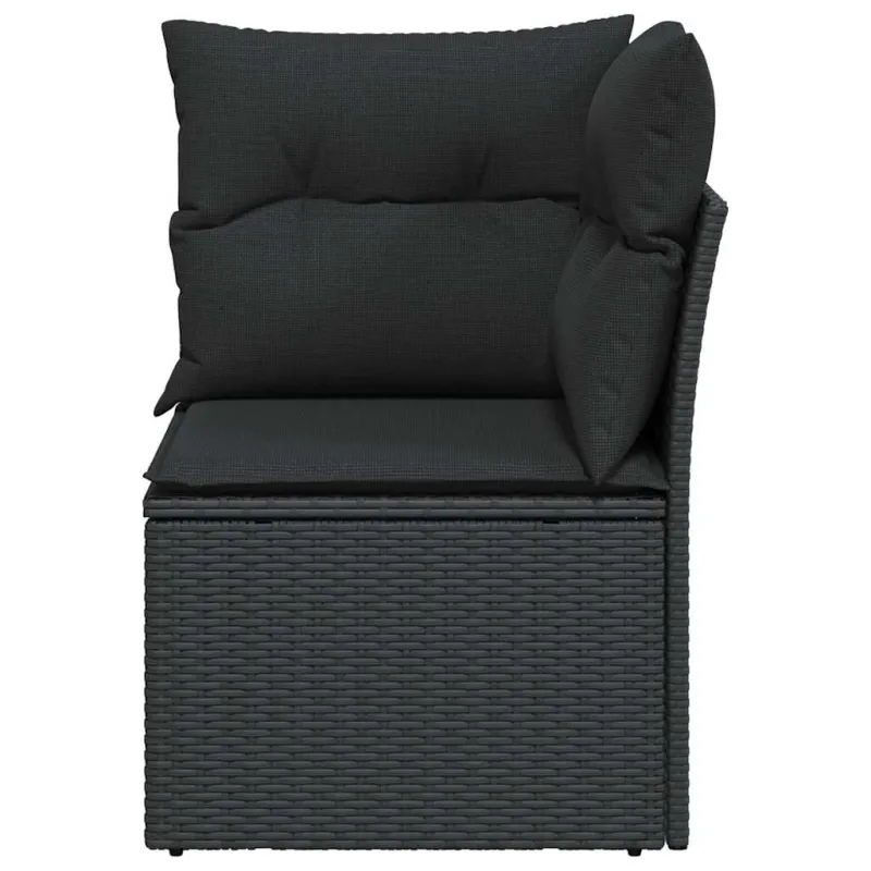 Sodo kampinė sofa su pagalvėlėmis, juodas polirotangas