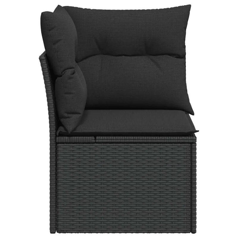 Sodo kampinė sofa su pagalvėlėmis, juodas polirotangas