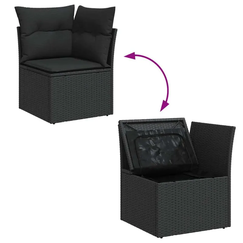 Sodo kampinė sofa su pagalvėlėmis, juodas polirotangas