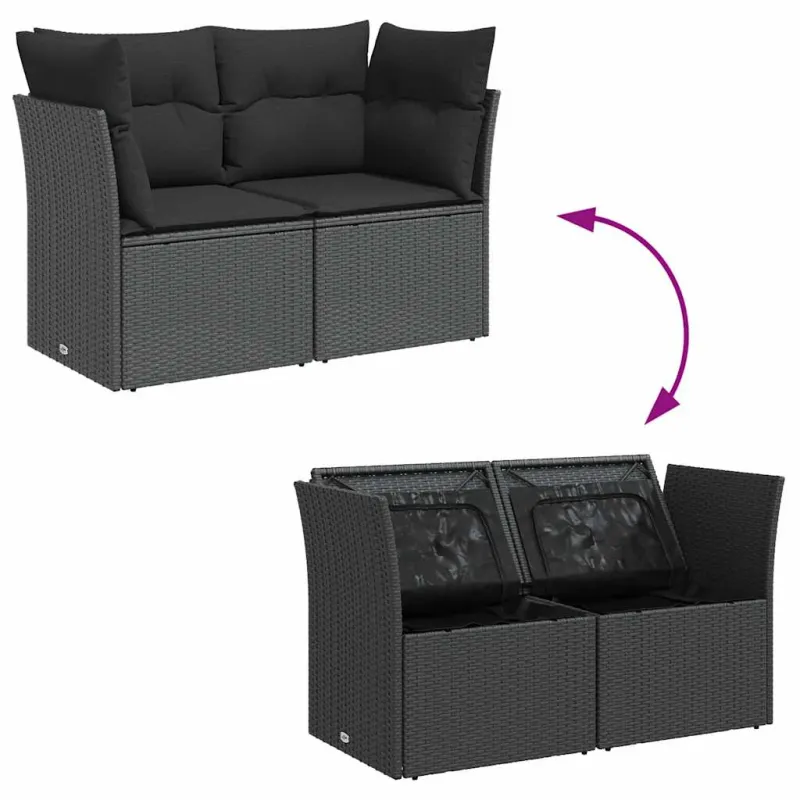 Sodo sofa su pagalvėlėmis, dvivietė, juoda, polirotangas