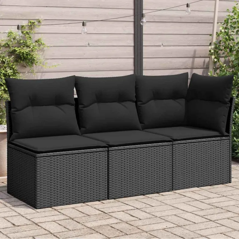 Sodo sofa su pagalvėlėmis, 3 sėdimos vietos, juodas, polirotangas