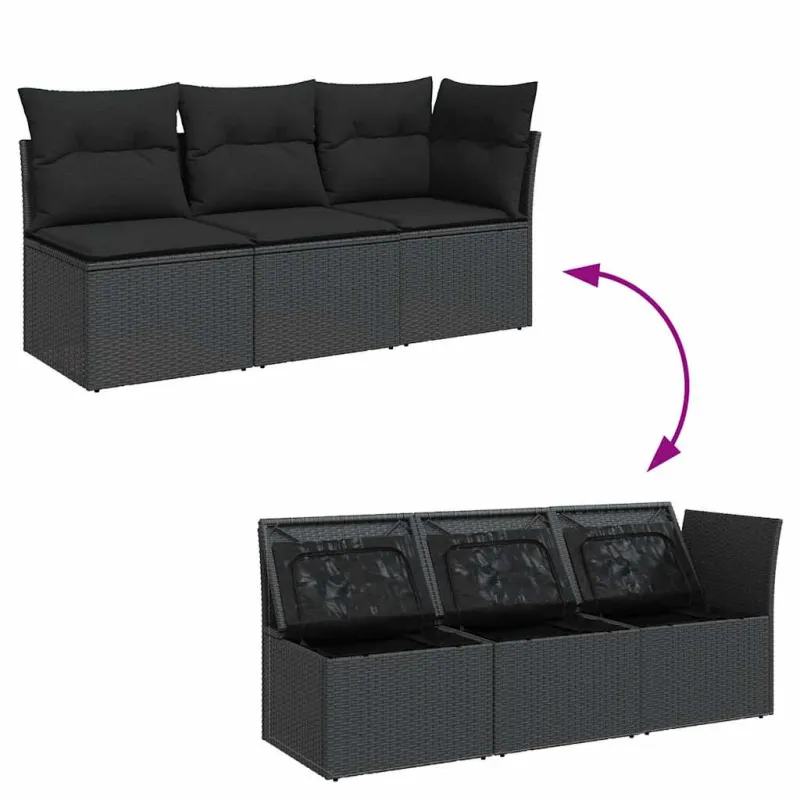 Sodo sofa su pagalvėlėmis, 3 sėdimos vietos, juodas, polirotangas