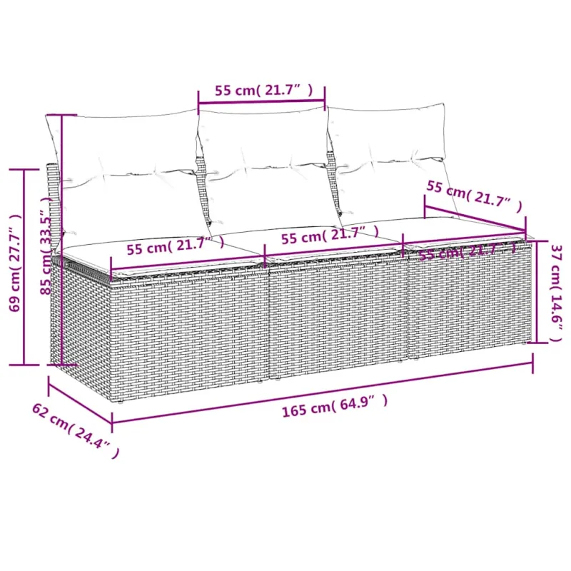 Sodo sofa su pagalvėlėmis, 3 sėdimos vietos, juodas, polirotangas