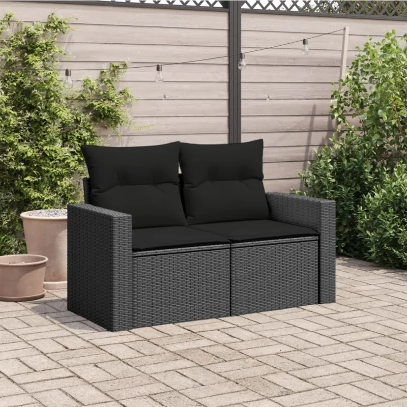 Sodo sofa su pagalvėlėmis, dvivietė, juoda, polirotangas