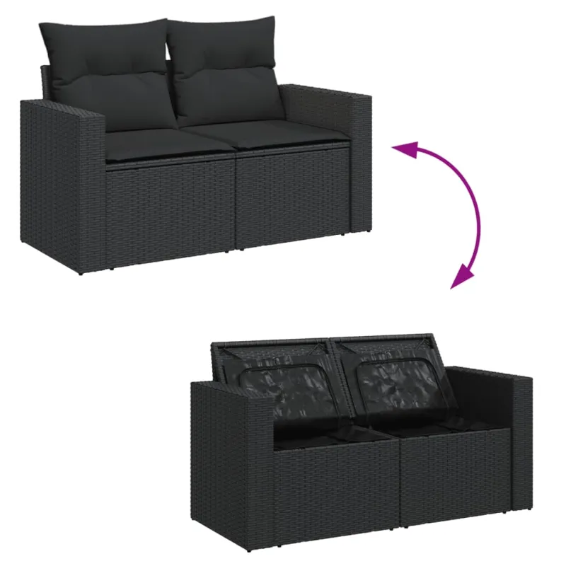 Sodo sofa su pagalvėlėmis, dvivietė, juoda, polirotangas
