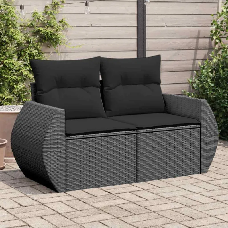 Sodo sofa su pagalvėlėmis, dvivietė, juoda, polirotangas