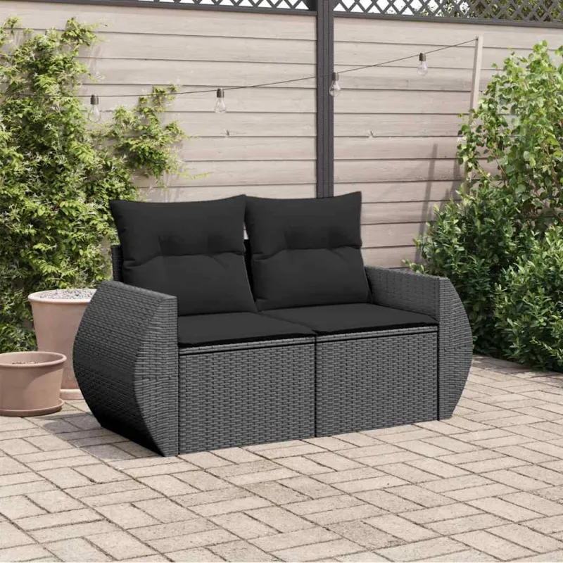 Sodo sofa su pagalvėlėmis, dvivietė, juoda, polirotangas