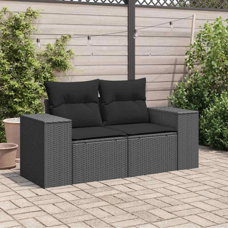 Sodo sofa su pagalvėlėmis, dvivietė, juoda, polirotangas