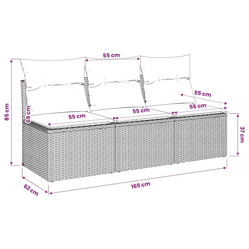 Trivietė sodo sofa su pagalvėlėmis, juodos spalvos, poliratanas