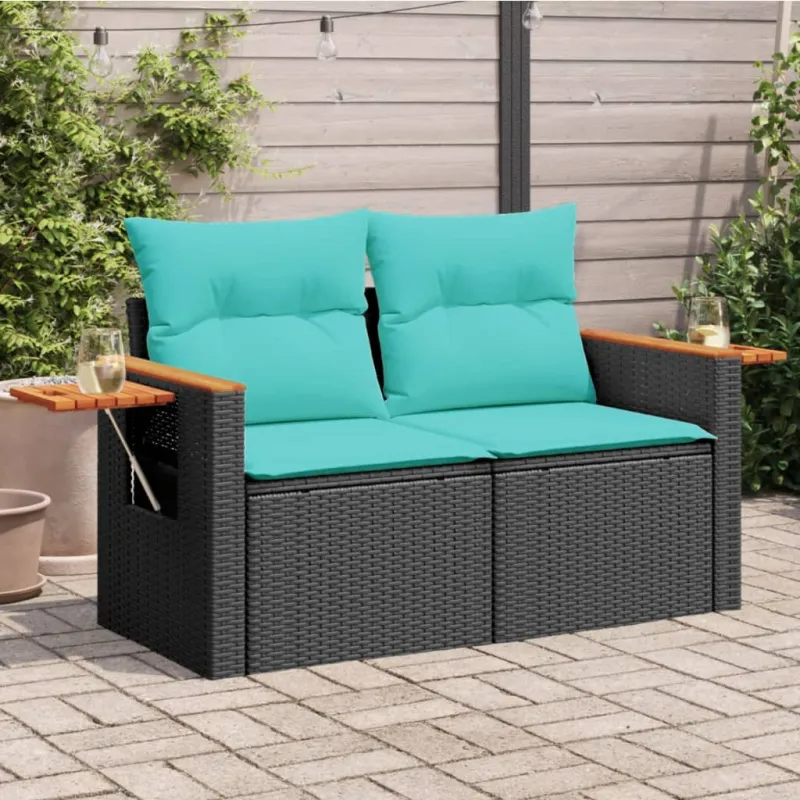 Sodo sofa su pagalvėlėmis, dvivietė, juoda, polirotangas