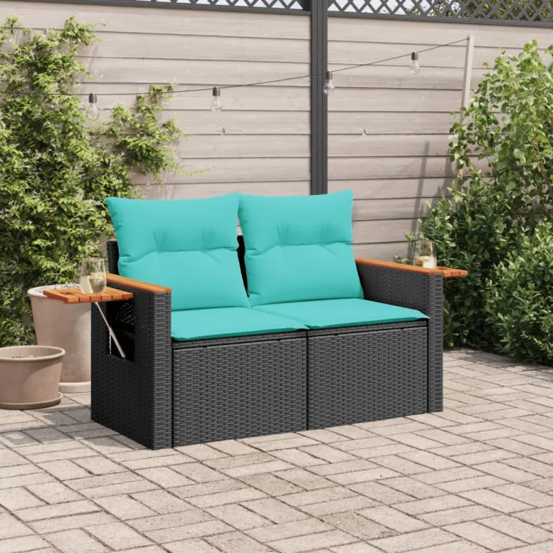 Sodo sofa su pagalvėlėmis, dvivietė, juoda, polirotangas