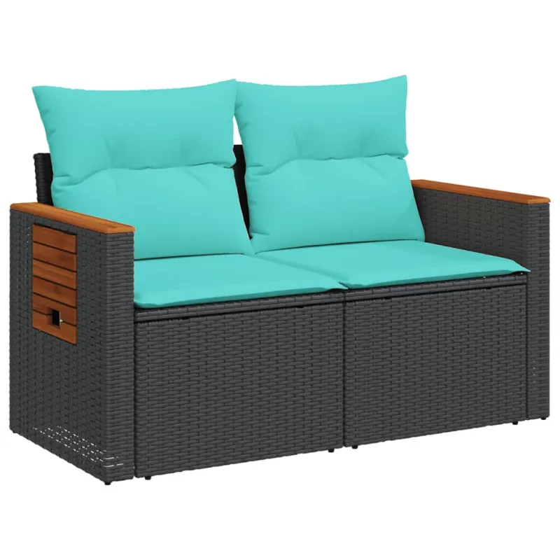 Sodo sofa su pagalvėlėmis, dvivietė, juoda, polirotangas