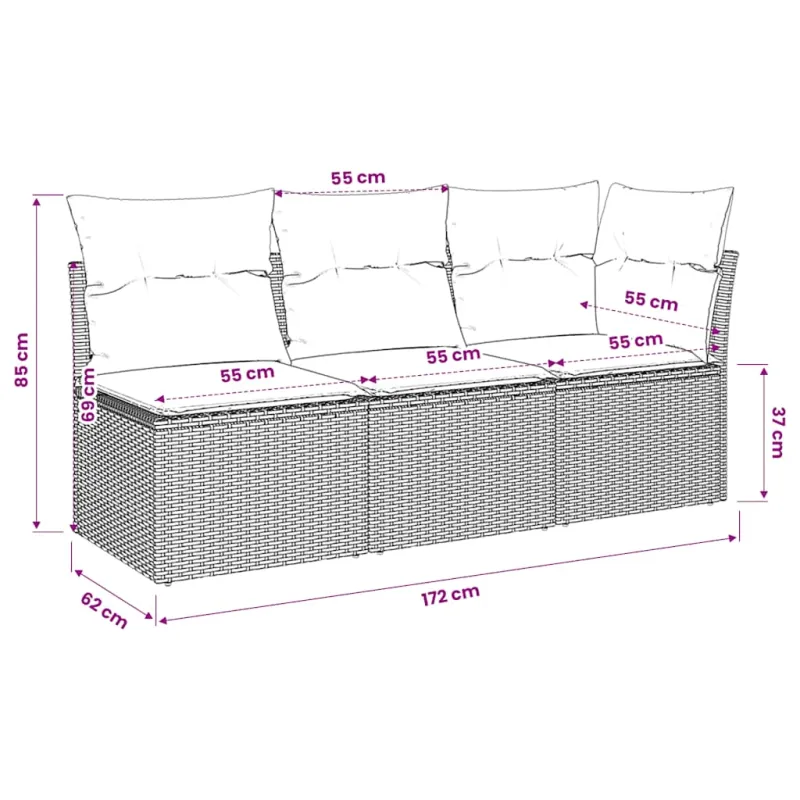 Trivietė sodo sofa su pagalvėlėmis, smėlio spalvos, poliratanas