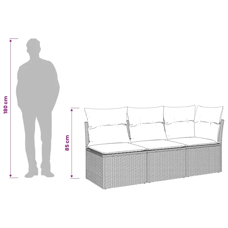 Trivietė sodo sofa su pagalvėlėmis, smėlio spalvos, poliratanas